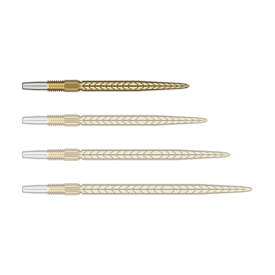 Target Swiss Point RVE dart tips - Gold Auf dem Bild sind vier goldfarbene Dartspitzen mit silbernem Gewinde zu sehen. Sie liegen nebeneinander und haben ein feines Muster auf der Oberfläche.