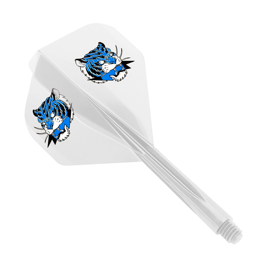 Das Bild zeigt ein Dart-Flight-System in transparentem Gelb mit einem kleinen Format. Auf den Flights ist ein blauer Tigerkopf abgebildet.