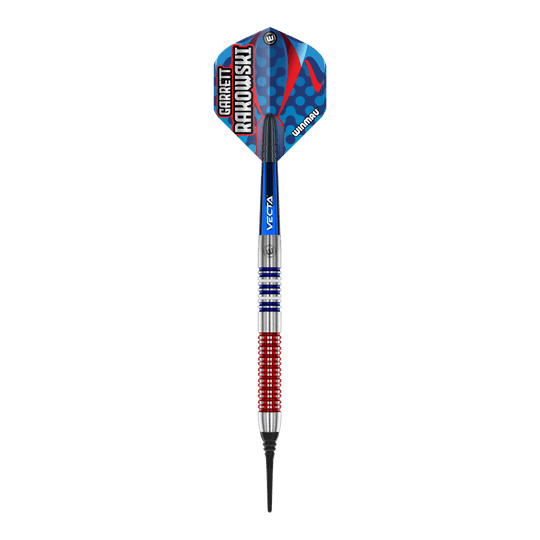 Winmau Garrett Rakowski soft darts - 20g Das Bild zeigt einen Winmau Garrett Rakowski Softdart mit einem Gewicht von 20g. Der Dart hat ein farbenfrohes, modernes Design mit blauen, roten und silbernen Elementen.