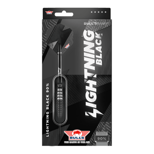 Bulls NL Lightning Black Steel Darts Das Bild zeigt die Verpackung der "Bulls NL Lightning Black Steeldarts". Die Darts haben ein schwarzes Design und bestehen zu 90% aus Tungsten.