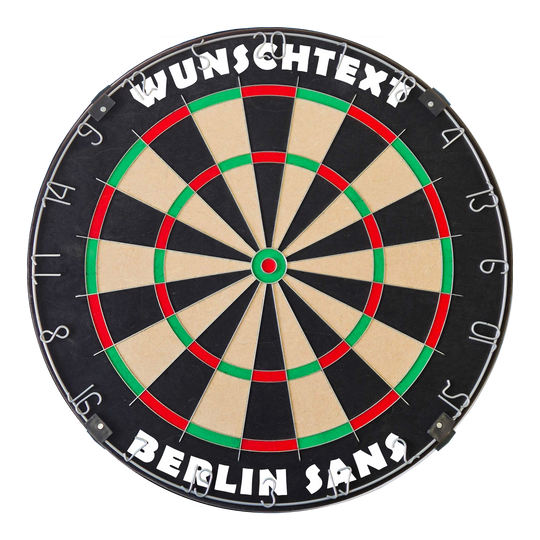 Das Bild zeigt ein Dartboard mit silbernem Ring und BerlinSans-Schrift. Die Datei heißt 'MCDB_Dartboard_mit_Wunschtext_TraditionellerRingSilber_1_BerlinSans'.
