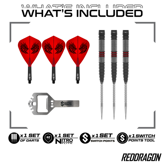 Red Dragon Jonny Clayton Hireath Switch Point Steel Darts Zu sehen sind die Red Dragon Jonny Clayton Hireath Switch Point Steeldarts. Diese Pfeile sind für ihre hochwertige Verarbeitung bekannt.