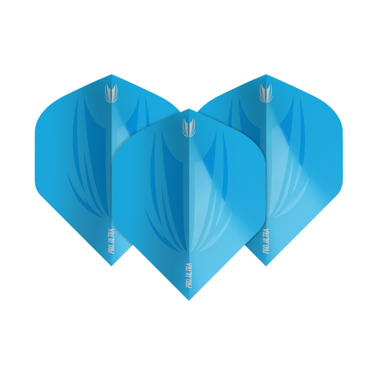 TG440_Target_ProUltra_ID_Lime_Blue_No2_Standard_Flights_1nL0WAQMOl7nRt Das Bild zeigt drei blaue Target ProUltra ID No2 Standard Flights. Sie haben ein modernes Design mit einem hellen und dunkleren Blauton sowie weißem Logo und Schriftzug.