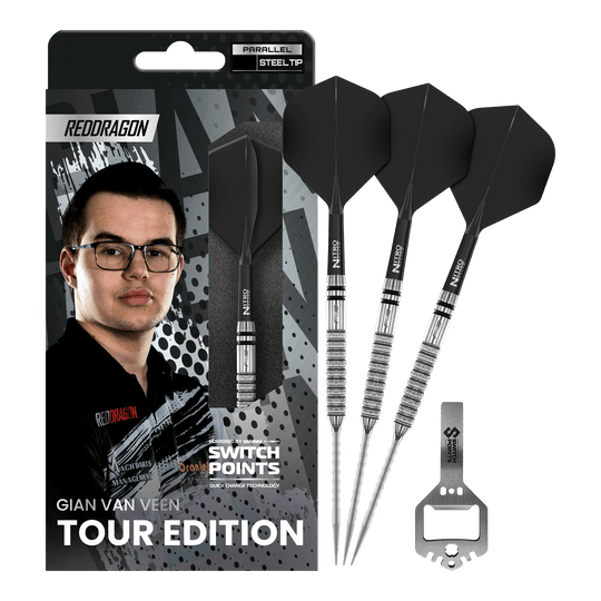 Abgebildet sind die Red Dragon Gian Van Veen Tour Edition Switch Point Steeldarts - 21g in voller Länge. Die Steeldarts zeichnen sich durch ihre hochwertige Verarbeitung aus.