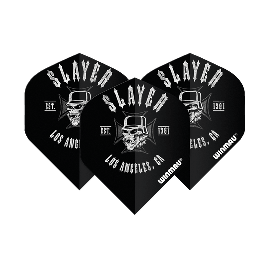6905-222_Winmau_Rockstar_Legends_Slayer_LA_Standard_Flights_1sIapimbDef1fB Das Bild zeigt drei schwarze Darts-Flights mit dem Aufdruck "SLAYER" und einem Totenkopf mit Zylinder. Darunter stehen die Schriftzüge "LOS ANGELES, CA", "EST. 1981" und "Winmau".
