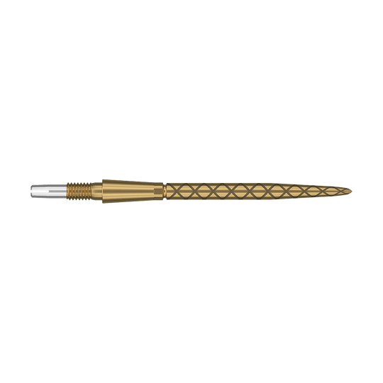 Target Swiss Storm Diamond Point Dart Tips - Gold Auf dem Bild ist eine goldene Dartspitze mit Diamantmuster zu sehen. Die Spitze ist lang und hat am hinteren Ende einen silbernen Schraubaufsatz.