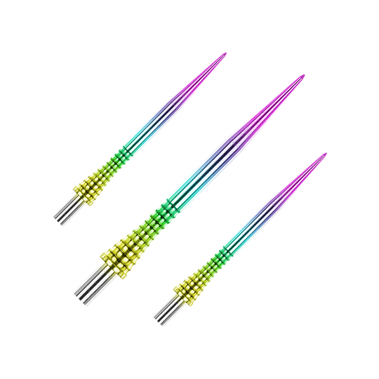 Red Dragon Raptor Gripped Rainbow steel dart tips 30mm Das Bild zeigt drei bunte Steeldartspitzen mit einem Regenbogen-Farbverlauf. Die Spitzen haben einen strukturierten, gelb-grünen Griffbereich und gehören zum Produkt "Red Dragon Raptor Gripped Rainbow Steeldartspitzen 38mm".