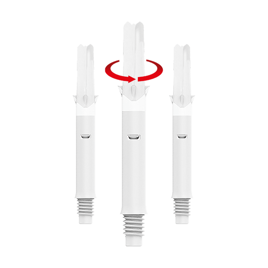 L-L-Style-Shafts Silent Straight - White Das Bild zeigt drei weiße Dartschäfte ohne Kappen in unterschiedlicher Länge. Über dem mittleren Schaft ist ein roter Pfeil, der auf eine Drehbewegung hinweist.