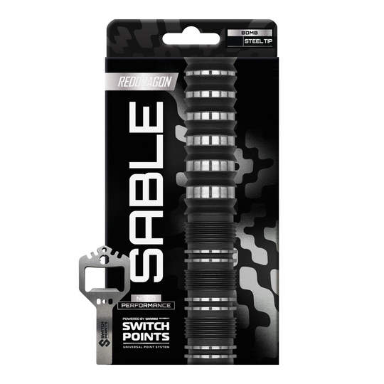 Red Dragon Sable Bomb Switch Point Steel Darts Zu sehen ist das Produkt Red Dragon Sable Bomb Switch Point Steeldarts. Diese Steeldarts eignen sich besonders für ambitionierte Dartspieler.