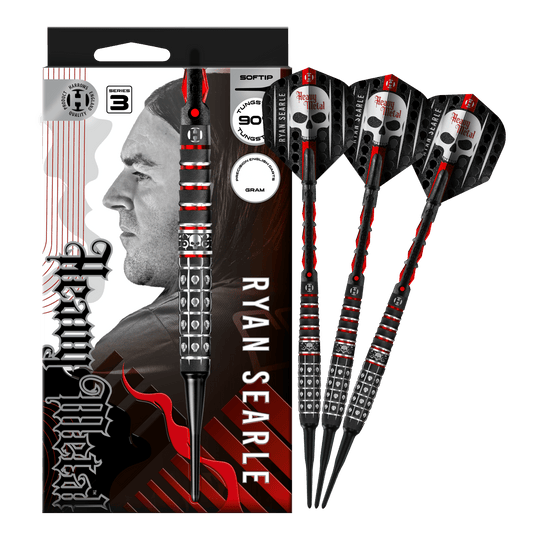 Das Foto zeigt Harrows Ryan Searle Series 3 Softdarts in voller Ansicht. Der Artikel ist für Softdart-Spiele gedacht.