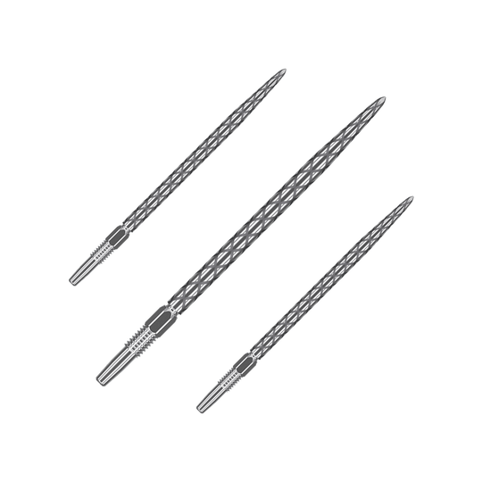 Target Swiss Diamond Pro Silver Points dart tips Auf dem Bild sind drei silberne Dartspitzen mit einem rautenförmigen Muster zu sehen. Sie sind nebeneinander angeordnet und haben eine Länge von 40 mm.