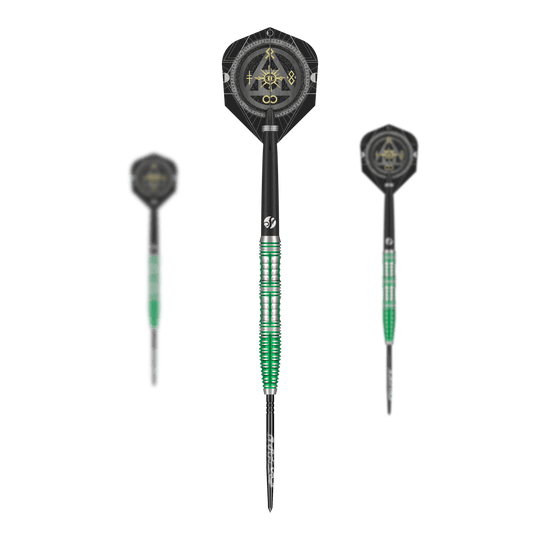 Shot Alchemy Mythril Turbo Point Steeldarts Zu sehen ist ein Set Shot Alchemy Mythril TurboPoints Steeldarts. Die Darts sind zusammen abgebildet.