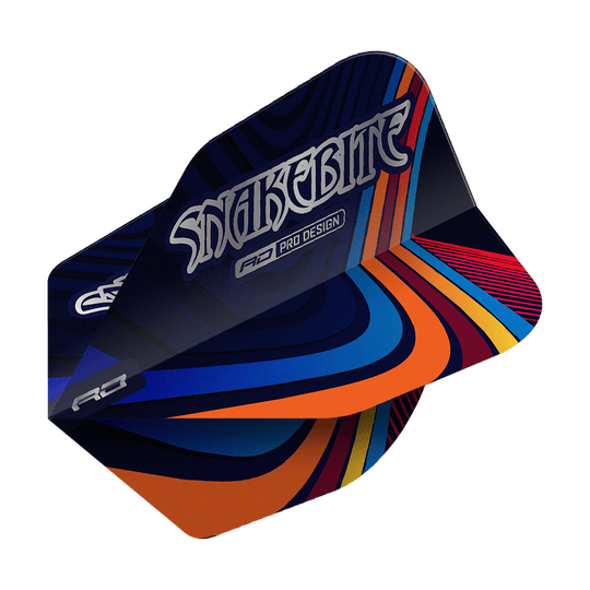 Das Bild zeigt ein Dartflight mit dem Namen "Red Dragon Peter Wright Snakebite Multi Swirl No6 Flights". Das Flight-Design ist bunt mit geschwungenen Linien in Blau, Orange, Rot und Gelb, und trägt die Aufschrift "Snakebite".