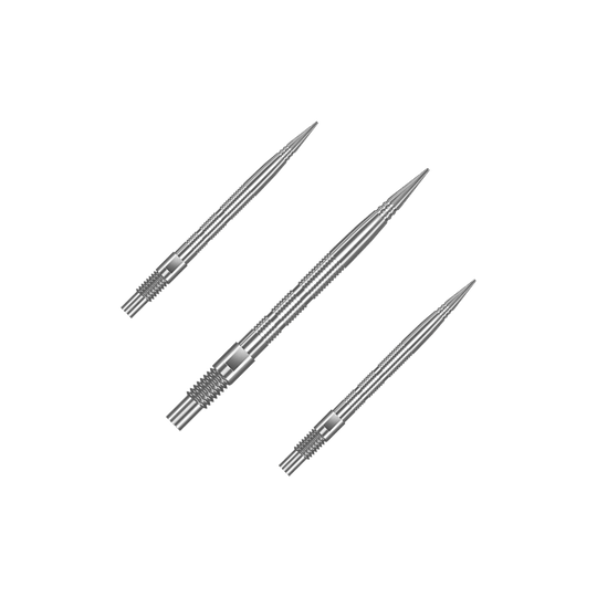 Harrows Quick Point Micro Ridge Dart Tips - Silver Eine Verpackung mit mehreren Harrows Quick Point MicroRidge Dartspitzen in Silber mit 26 mm Länge ist abgebildet. Die Dartspitzen sind zur besseren Ansicht gruppiert.