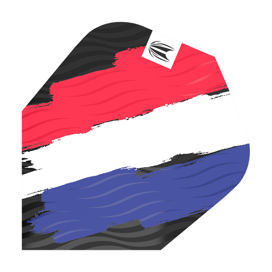 TG67_335790_Target_ProUltra_Flag_Holland_Ten-X_Flights_1lqr2WK4JXg24I Das Bild zeigt ein Dart-Flight mit den Farben der niederländischen Flagge in einem Pinselstrich-Design. Oben rechts befindet sich ein kleines weißes Quadrat mit einem schwarzen Logo.