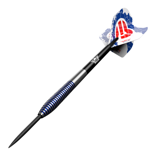 Bulls NL Romeo Grbavac steel darts - 23g Das Bild zeigt einen Steeldart aus der Serie "Bulls NL Romeo Grbavac" mit einem Gewicht von 23 Gramm. Der Dart hat ein modernes Design mit blauen und silbernen Ringen sowie einem bedruckten Flight.