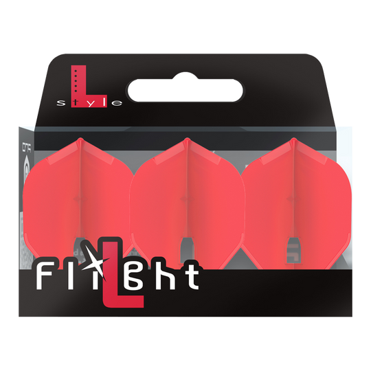 L-Style Flights Champagne - L1PRO Standard Auf dem Bild ist eine Verpackung mit drei roten Dartflights zu sehen. Die Marke „L-Style“ und der Schriftzug „Flight“ stehen auf der Vorderseite der Packung.