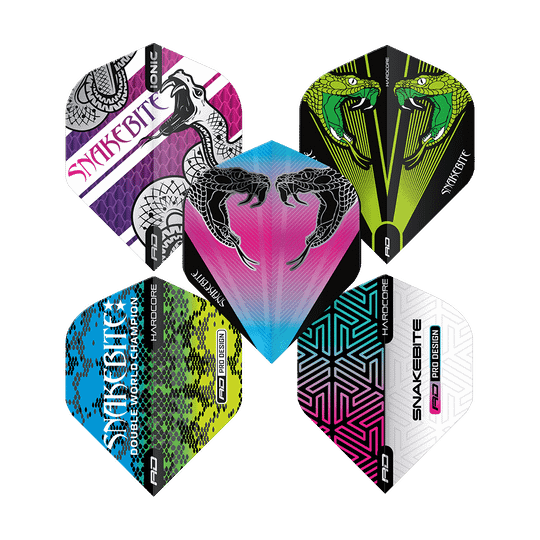 Das Bild zeigt fünf bunte Dart-Flights mit verschiedenen Schlangen- und Musterdesigns aus der Produktreihe „Red Dragon Peter Wright 1 Flight Card“. Jeder Flight hat ein einzigartiges Farbmuster und auffällige Grafiken.