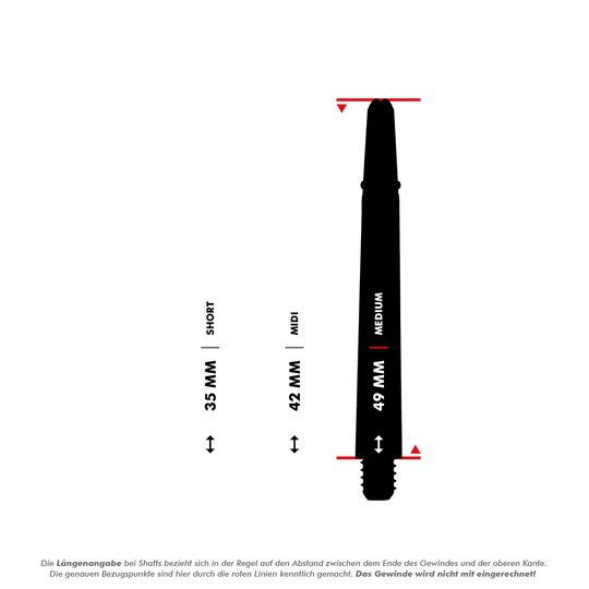 _Harrows_Carbon_360_Shafts_5_49mmPKfqccJIPJBgi Das Bild zeigt drei unterschiedlich lange Dartshafts mit den Längen 35 mm (Short), 42 mm (Midi) und 49 mm (Medium). Die roten Linien markieren die Messpunkte für die Längenangabe, das Gewinde wird dabei nicht mitgerechnet.