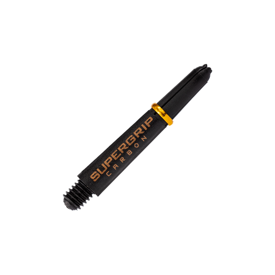 Das Bild zeigt einen Harrows Supergrip Carbon Shaft in der Farbe Gold. Der Schaft ist schwarz mit goldenen Akzenten und dem Aufdruck "SUPERGRIP CARBON".