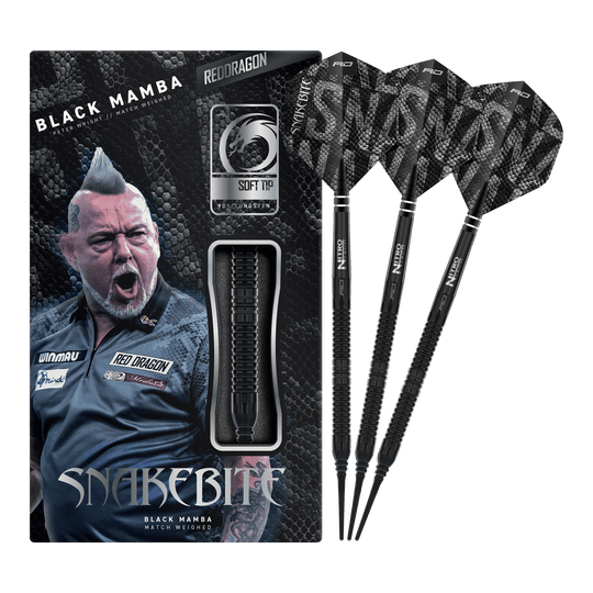 Red Dragon Peter Wright Snakebite Black Mamba Soft Darts - 20g Auf dem Bild ist der Red Dragon Peter Wright Snakebite Black Mamba Softdart mit 20g zu sehen. Er überzeugt durch seine professionelle Verarbeitung und sein elegantes Aussehen.