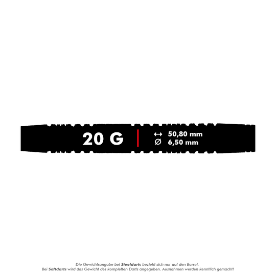 Das Bild zeigt einen Softdart mit einem Gewicht von 20 Gramm. Die Länge beträgt 50,80 mm und der Durchmesser 6,50 mm.