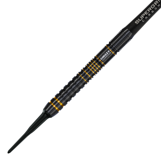 Harrow's Dave Chisnall Chizzy Series 3 soft darts Das Bild zeigt einen Harrows Dave Chisnall Chizzy Series 3 Softdart. Der Dartpfeil ist schwarz mit goldenen Akzenten und hat ein geriffeltes Griffdesign.
