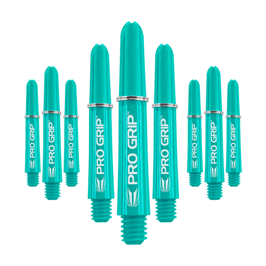 Target Pro Grip Shafts - 3 Sets - Aqua Das Bild zeigt neun türkisfarbene Dartschäfte mit der Aufschrift "PRO GRIP". Die Schäfte sind in einer Gruppe angeordnet und haben silberne Ringe.