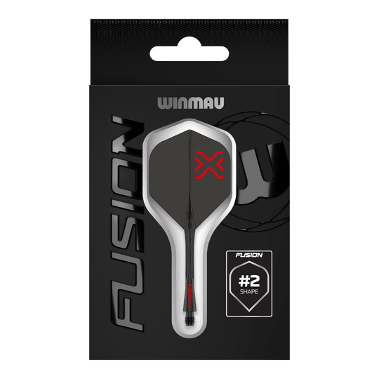 Winmau Fusion Blade X No2 Standard Flight Shaft System - Black Das Bild zeigt das Winmau Fusion Blade X No2 Standard Flight-Shaft-System in Schwarz. Es verbindet ein Flight mit einem Schaft in elegantem, schwarzem Design.