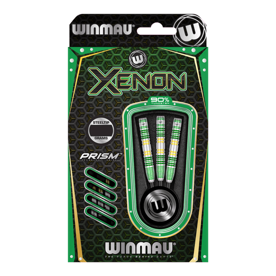 Winmau Xenon Steeldarts Das Bild zeigt eine Packung Winmau Xenon Steeldarts. Die Verpackung ist überwiegend schwarz-grün und enthält drei Darts mit bunten Griffen.
