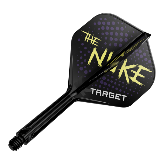 Target K-Flex Luke Littler Black No2 Standard Flight System Das Bild zeigt einen schwarzen Dartflight mit dem Schriftzug "THE NUKE" und "TARGET" darauf. Der Hintergrund des Flights ist mit lila Punkten verziert.