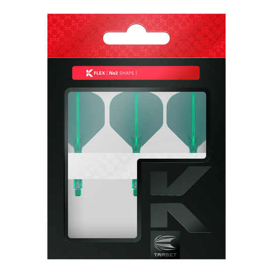 Dies ist eine Packung mit drei grünen Dartflights der Marke Target. Die Verpackung ist schwarz mit einem roten oberen Rand und einem Sichtfenster.