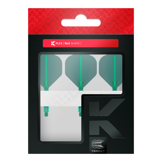 Target K-Flex No2 Standard Flight System - Green Dies ist eine Packung mit drei grünen Dartflights der Marke Target. Die Verpackung ist schwarz mit einem roten oberen Rand und einem Sichtfenster.