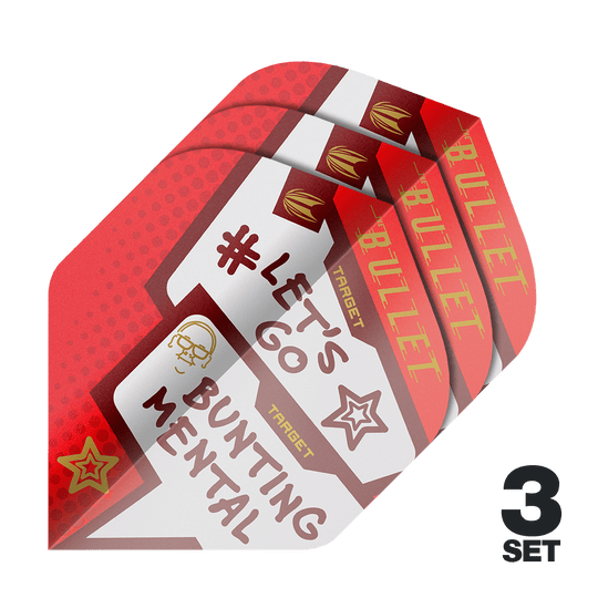 Das Bild zeigt drei Sätze der Target Pro Ultra Stephen Bunting Mental No2 Standard Flights für Darts. Die Flights sind rot-weiß gestaltet und tragen Aufschriften wie "#LET'S GO BUNTING MENTAL" und "BULLET".