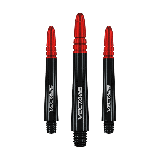 Das Bild zeigt drei Winmau Vecta Shafts - Blade 6. Die Shafts sind schwarz mit einem roten oberen Abschnitt und weißem Schriftzug.