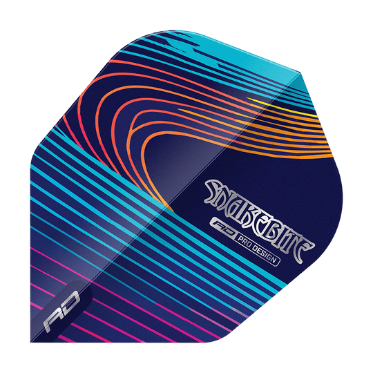 Das Bild zeigt einen bunten Dartflight mit geschwungenen Linien in Blau, Lila, Orange und Gelb. Auf dem Flight steht der Schriftzug "Snakebite" sowie "RD Pro Design".