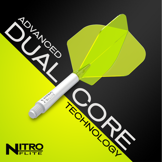 Red Dragon Nitroflite - White Shaft Yellow No2 Flights Das Bild zeigt das Produkt "Red Dragon Nitroflite - White Shaft Yellow No2 Flights" mit einem weißen Schaft und gelben Flights. Im Hintergrund steht der Text "Advanced Dual Core Technology".