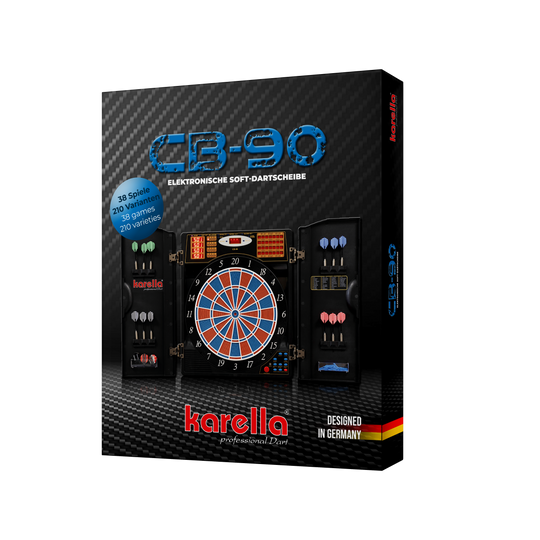 Electronic dartboard CB 90 tournament version Auf dem Bild ist die Verpackung einer elektronischen Dartscheibe "CB 90 Turnierausführung" von Karella zu sehen. Die Dartscheibe bietet 38 Spiele mit 210 Varianten und ist "Designed in Germany".