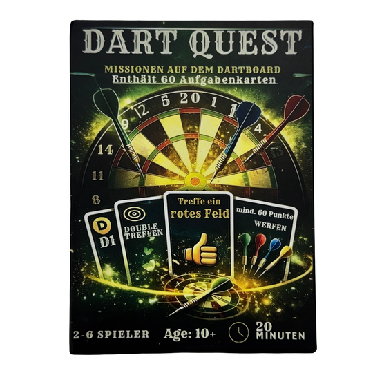 Dart Quest card game Dieses Bild zeigt das Dart Quest Kartenspiel. Das Produkt ist für unterhaltsame Spielabende geeignet.