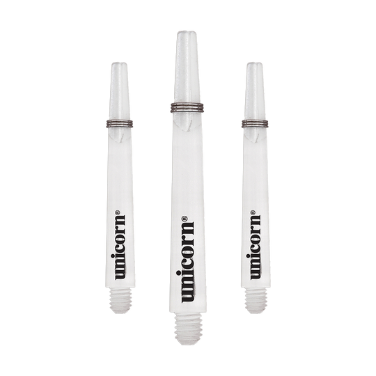 Unicorn Gripper 3 Mirage Shafts - Clear - 44.2 mm Das Bild zeigt drei transparente Unicorn Gripper 3 Mirage Shafts mit einer Länge von 44,2 mm. Auf jedem Schaft steht das Wort "unicorn" in schwarzer Schrift.