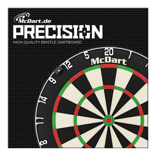 Das Bild zeigt das Produkt "McDart Precision Steeldartboard". Zu sehen ist ein hochwertiges Bristle-Dartboard mit dem McDart-Logo.
