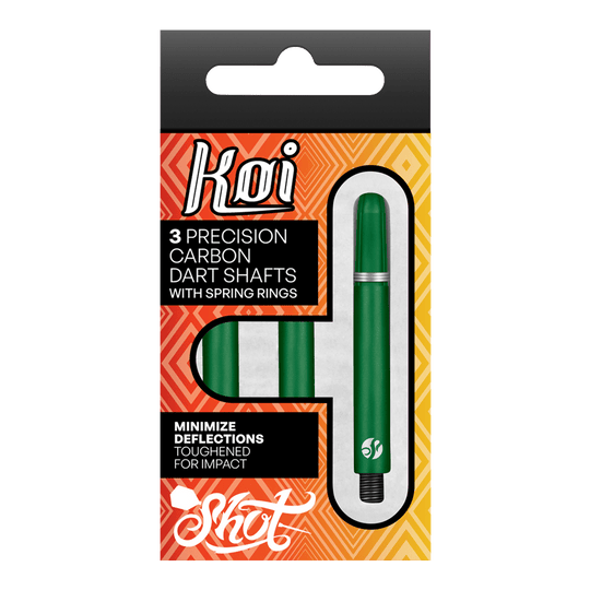 Shot Koi Carbon Shafts - Green Die Verpackung zeigt drei grüne Präzisions-Carbon-Dartschäfte mit Federringen der Marke Koi. Sie sind darauf ausgelegt, Ablenkungen zu minimieren und sind für hohe Belastungen verstärkt.