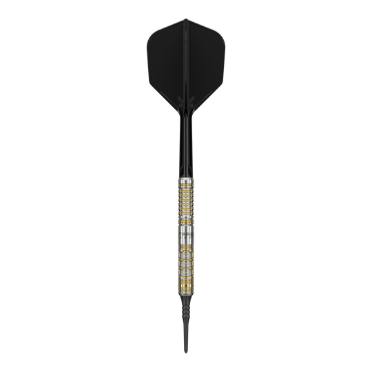 Target Japan Black Marque Reyn GEN2 Soft Darts - 17.5g Auf dem Bild ist ein Softdartpfeil des Modells "Target Japan Black Marque Reyn GEN2 Softdarts - 17,5g" zu sehen. Er hat eine silberne und goldene Griffzone sowie schwarze Flights und Spitze.