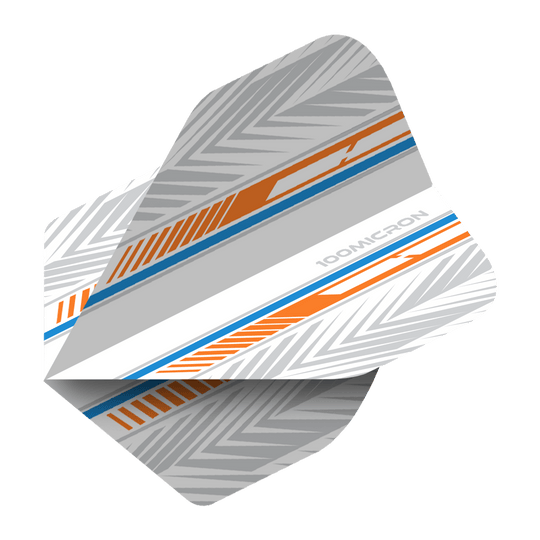 Pentathlon Flights white/orange/blue Das Bild zeigt ein Pentathlon Standard Dartflight in den Farben Weiß, Orange und Blau. Das Flight hat ein modernes, grafisches Muster mit der Aufschrift "100 MICRON".