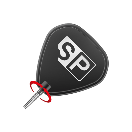 Target Swiss Firepoint Silver dart tips Das Bild zeigt eine schwarze Dartspitze mit der Aufschrift "SP" in Weiß. Neben der Spitze befindet sich ein roter Pfeil, der eine Drehbewegung anzeigt.