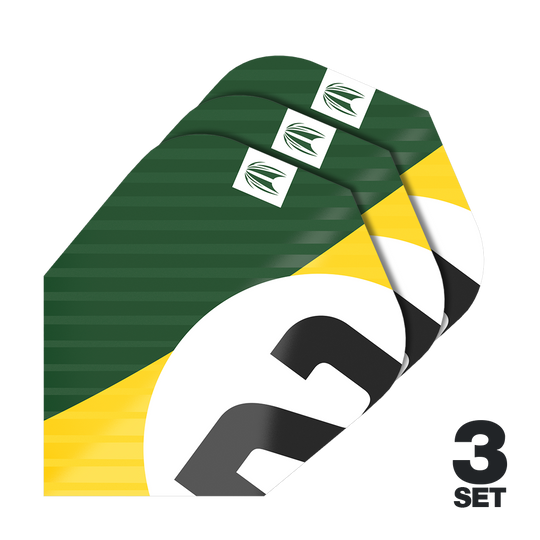Target Pro Ultra Chicane Green Ten-X Flights - 3 Sets Das Bild zeigt drei Dart-Flights im grünen, gelben und weißen Design. Unten rechts steht "3 SET", was auf drei Sets hinweist.