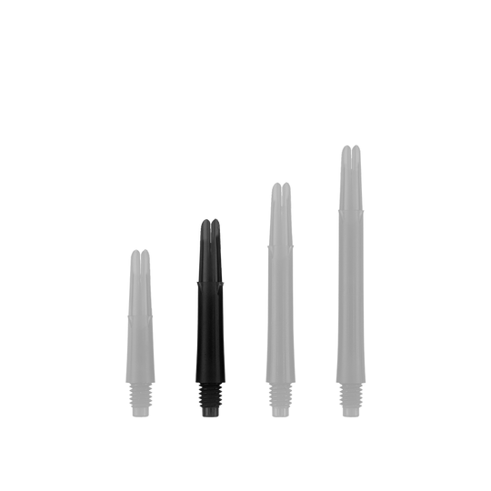L-L-Style-Shafts Locked Straight - Black Auf dem Bild sind vier schwarze, gerade Dartschäfte in unterschiedlichen Längen zu sehen. Sie stehen nebeneinander aufrecht vor weißem Hintergrund.