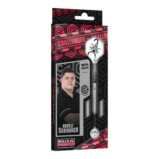 Auf dem Bild sind die Bulls Challenger Kendji Steinbach Steeldarts - 23g zu sehen. Das Produkt ist ideal für ambitionierte Dartspieler.