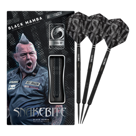 Abgebildet ist der Red Dragon Peter Wright Snakebite Black Mamba Steeldart. Das Produkt zeichnet sich durch sein schwarzes Design und hochwertige Verarbeitung aus.