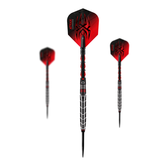 Harrows Atrax Steeldarts Das Bild zeigt drei schwarze und rote Steeldarts mit markantem Spinnennetz-Design auf den Flights. Die Spitzen und Griffe der Darts sind silbern und haben ein auffälliges Muster.